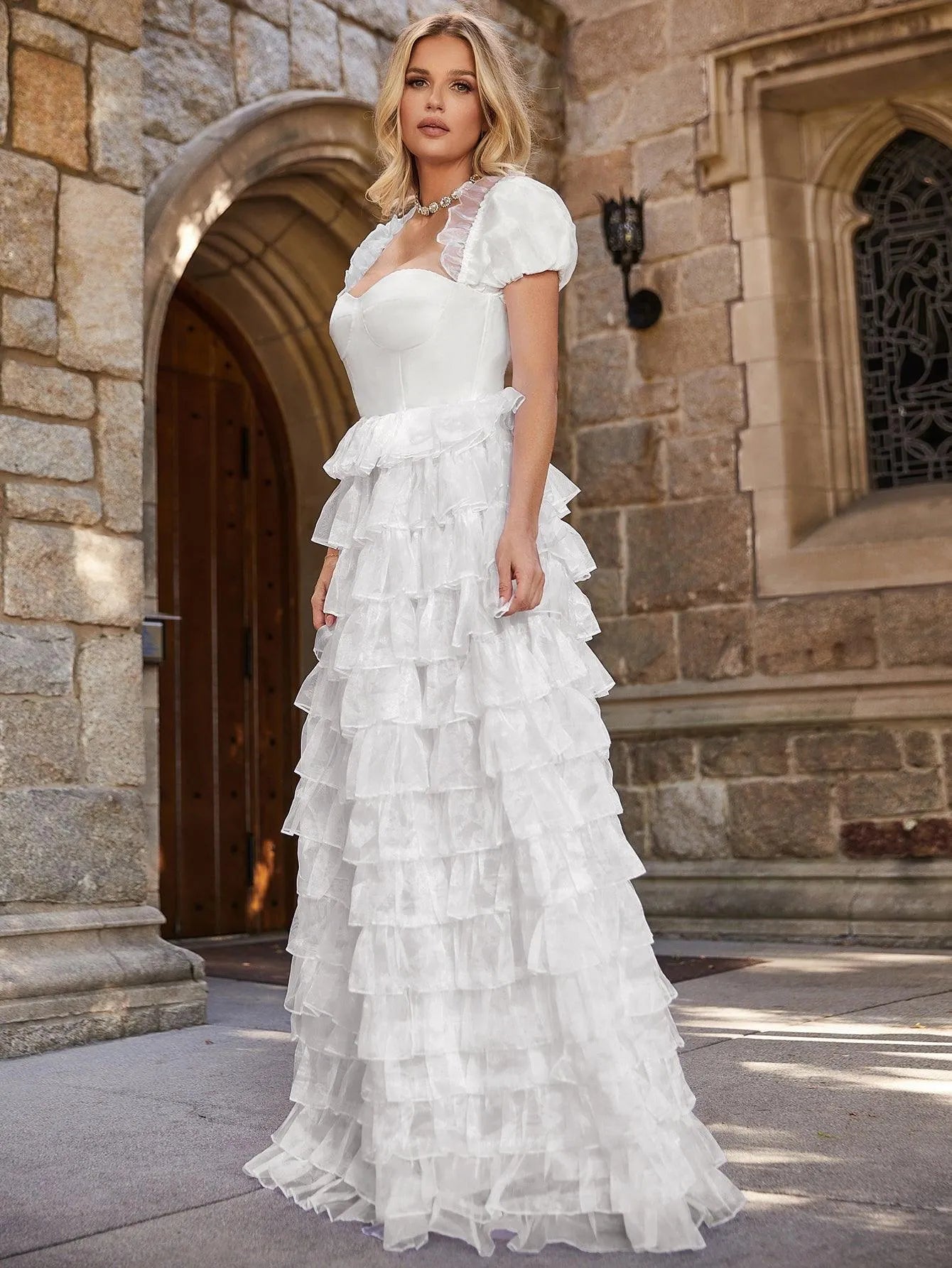 Elegant Puff Sleeve Layered Ruffle Hem Wedding Dress