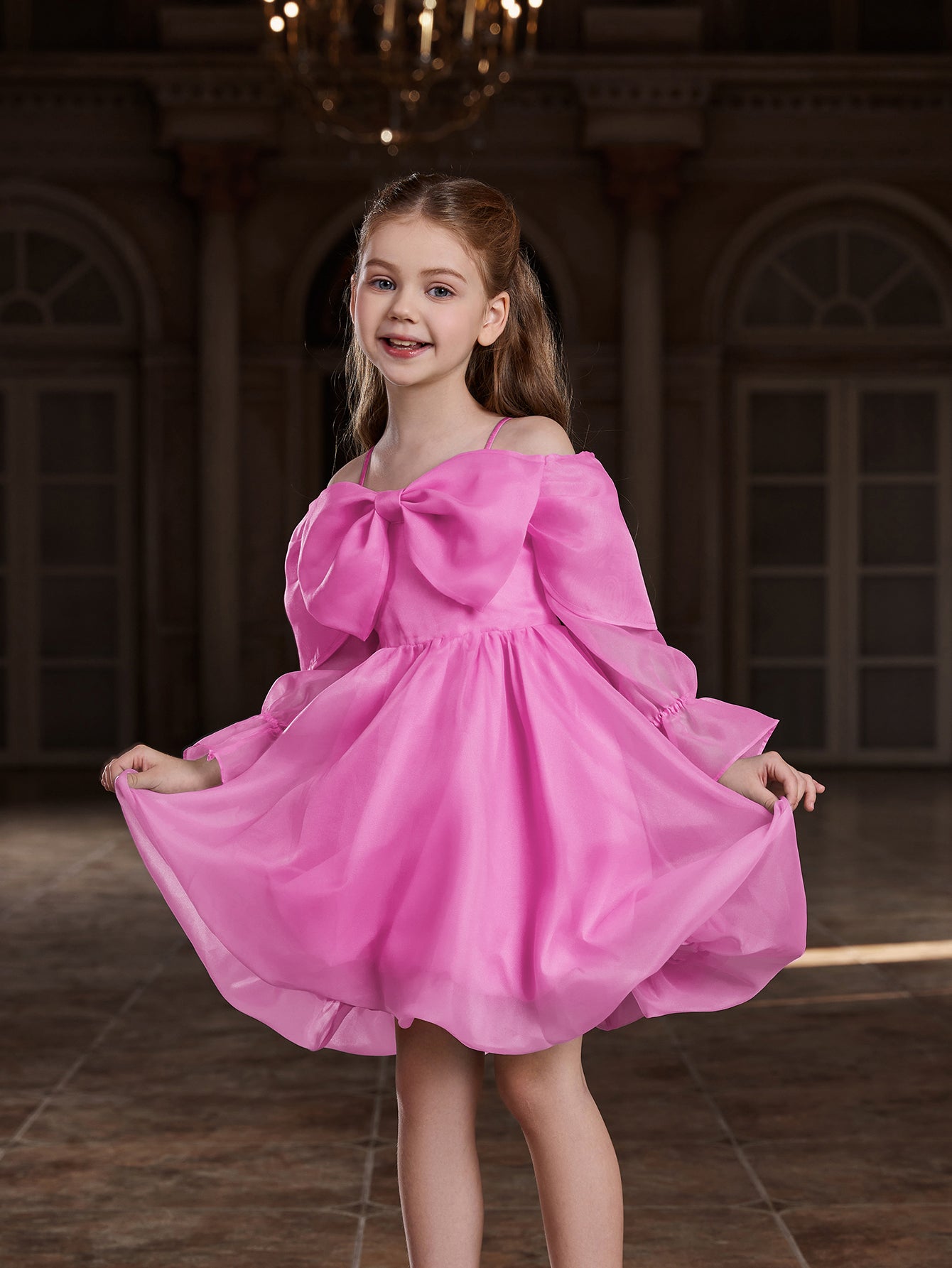 Girl's Off Shoulder Bow Front Puff Dress