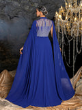 Elegant Chiffon Evening Gown with Beaded Sequin Embroidery Vertical Stripes, Cape-Style Sleeves, Flowy Skirt and Waist Belt Accent