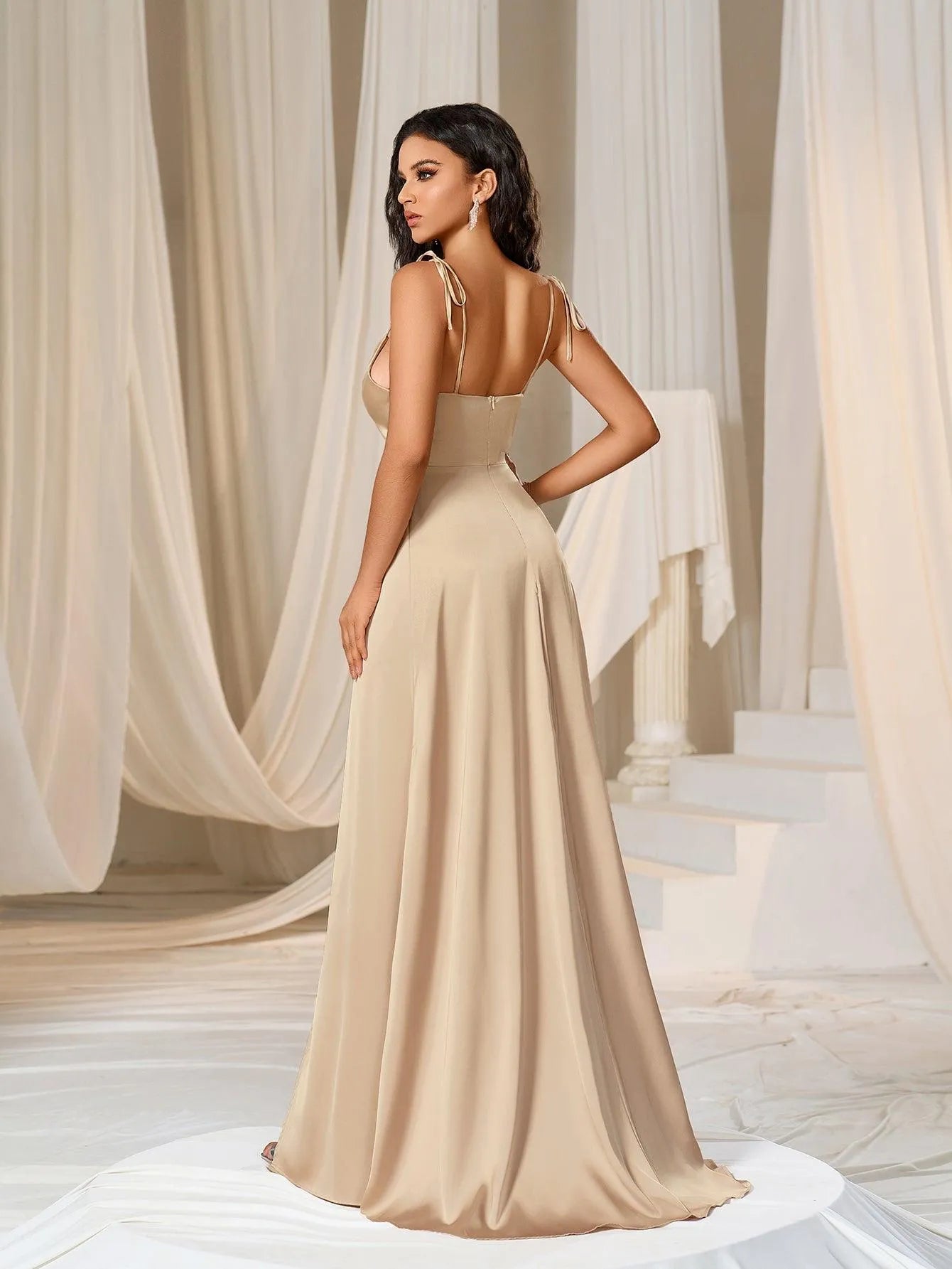 Elegant Tie Shoulder Satin Bridesmaid Dress