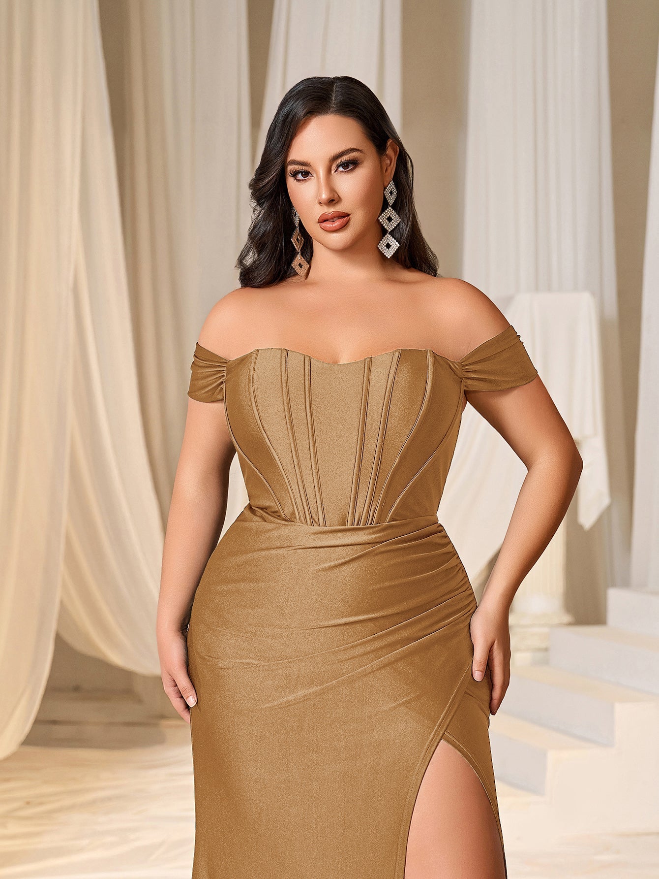 Plus Off Shoulder Ruched Wrap Hem Party Dress