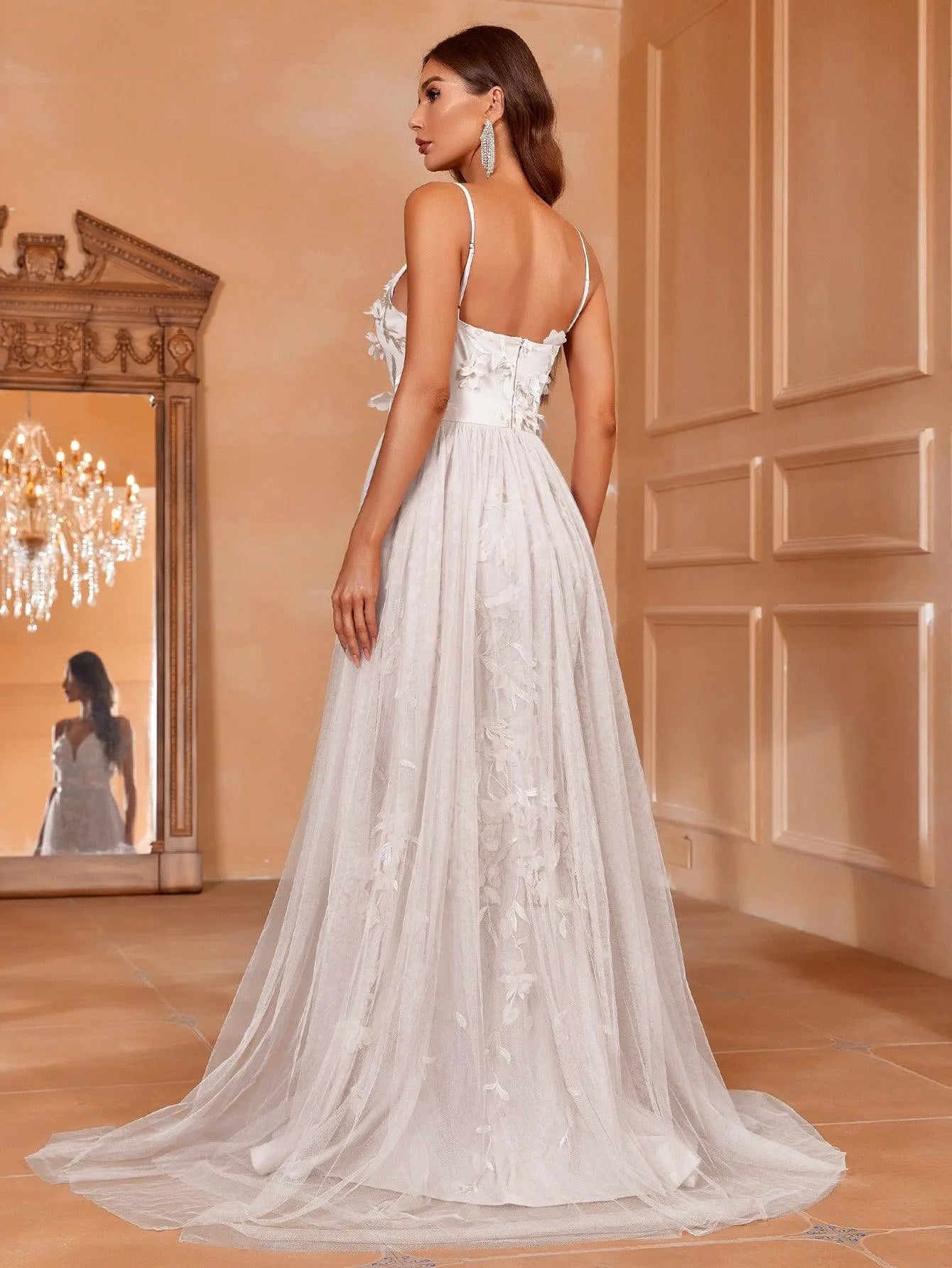 Floral-Accented Tulle Gown with Train