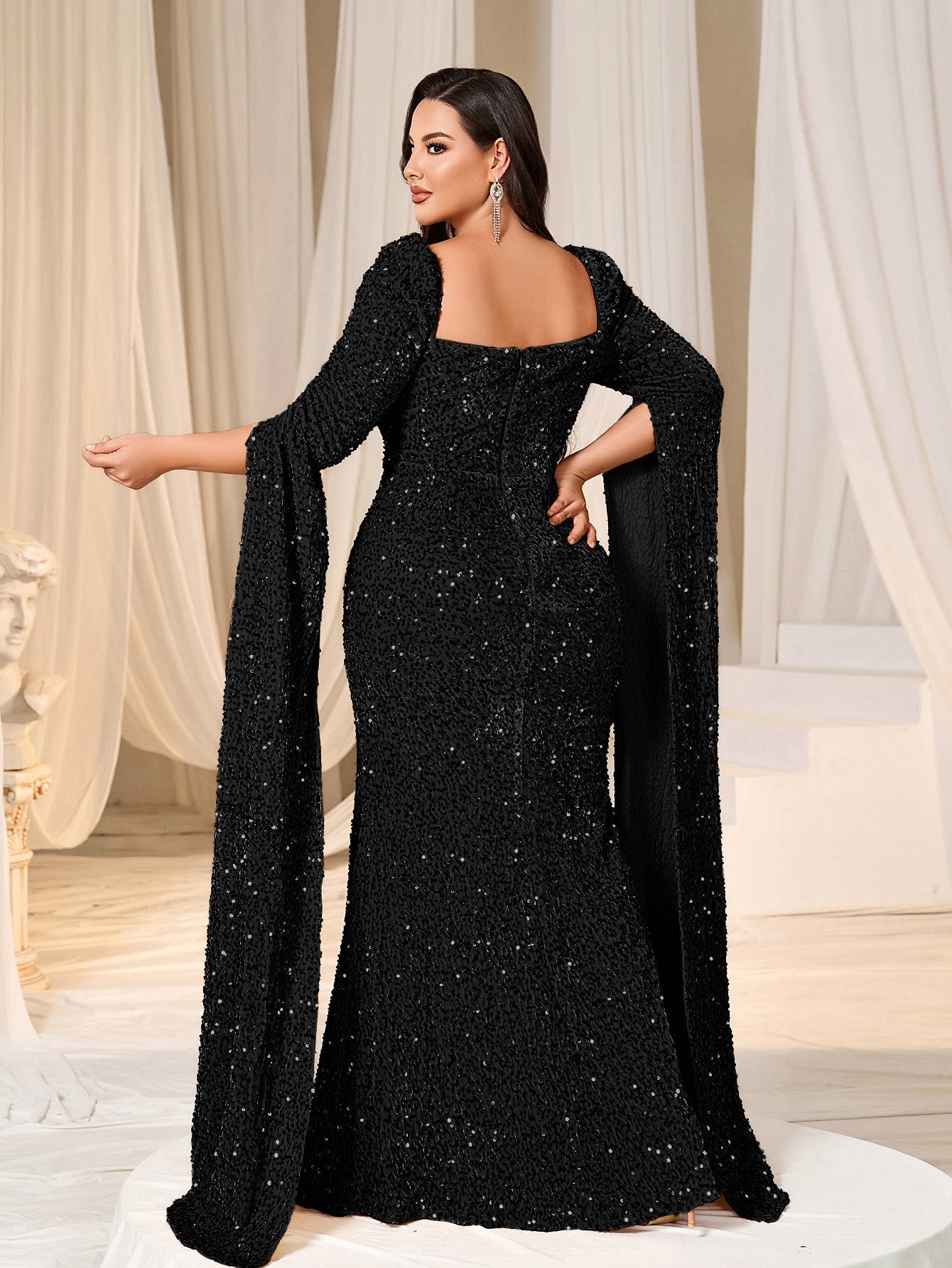 Plus Sweetheart Neck Extra-Long Sleeves Sequin Evening Dress