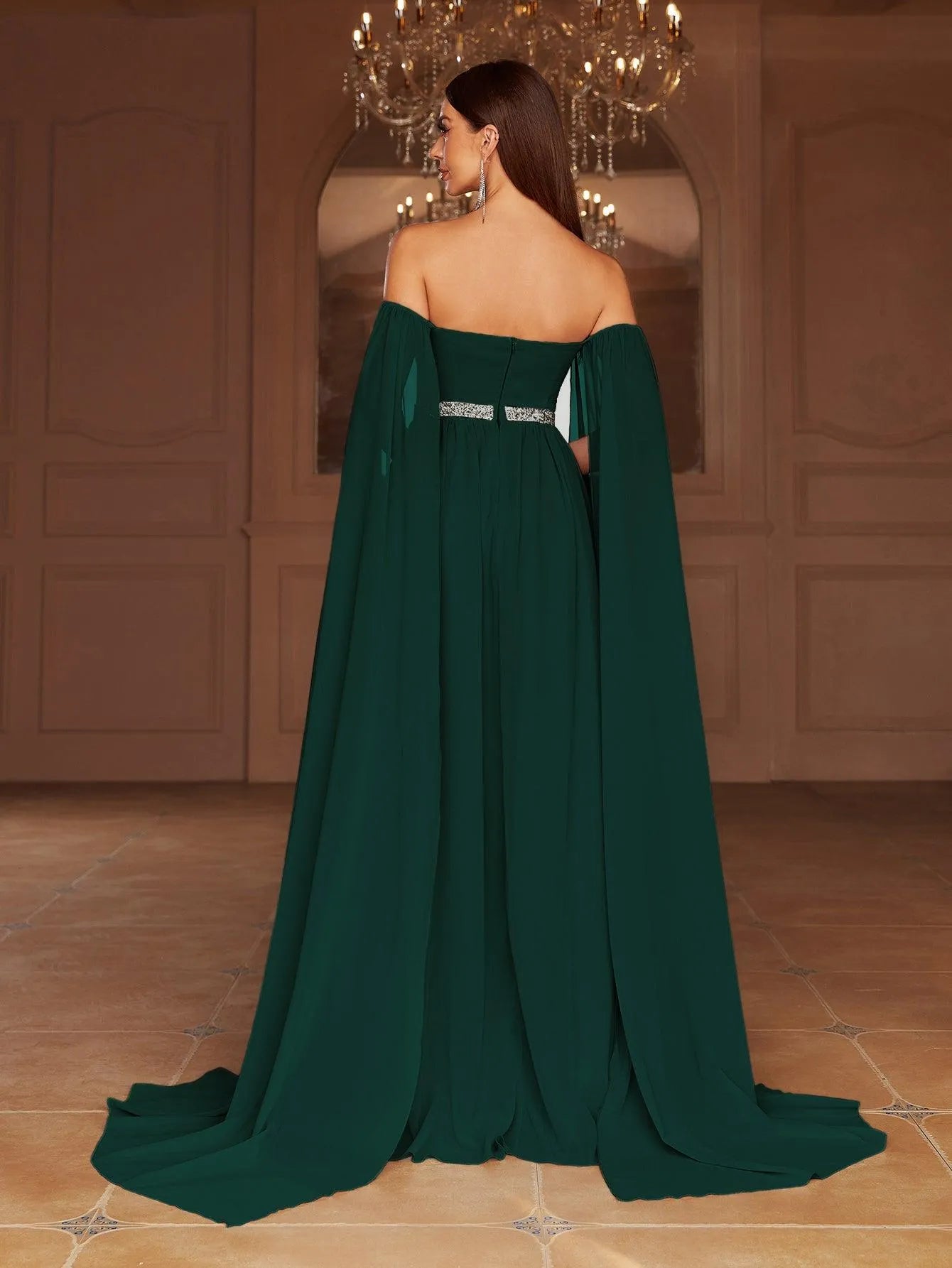 Elegant Off Shoulder Extra-Long Sleeves Chiffon Prom Dress