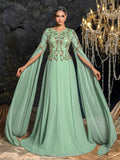 Elegant Chiffon Evening Gown with V-Neckline, Beaded Sequin Embroidered Bodice, Cape Sleeves and Flowy Floor-Length Skirt