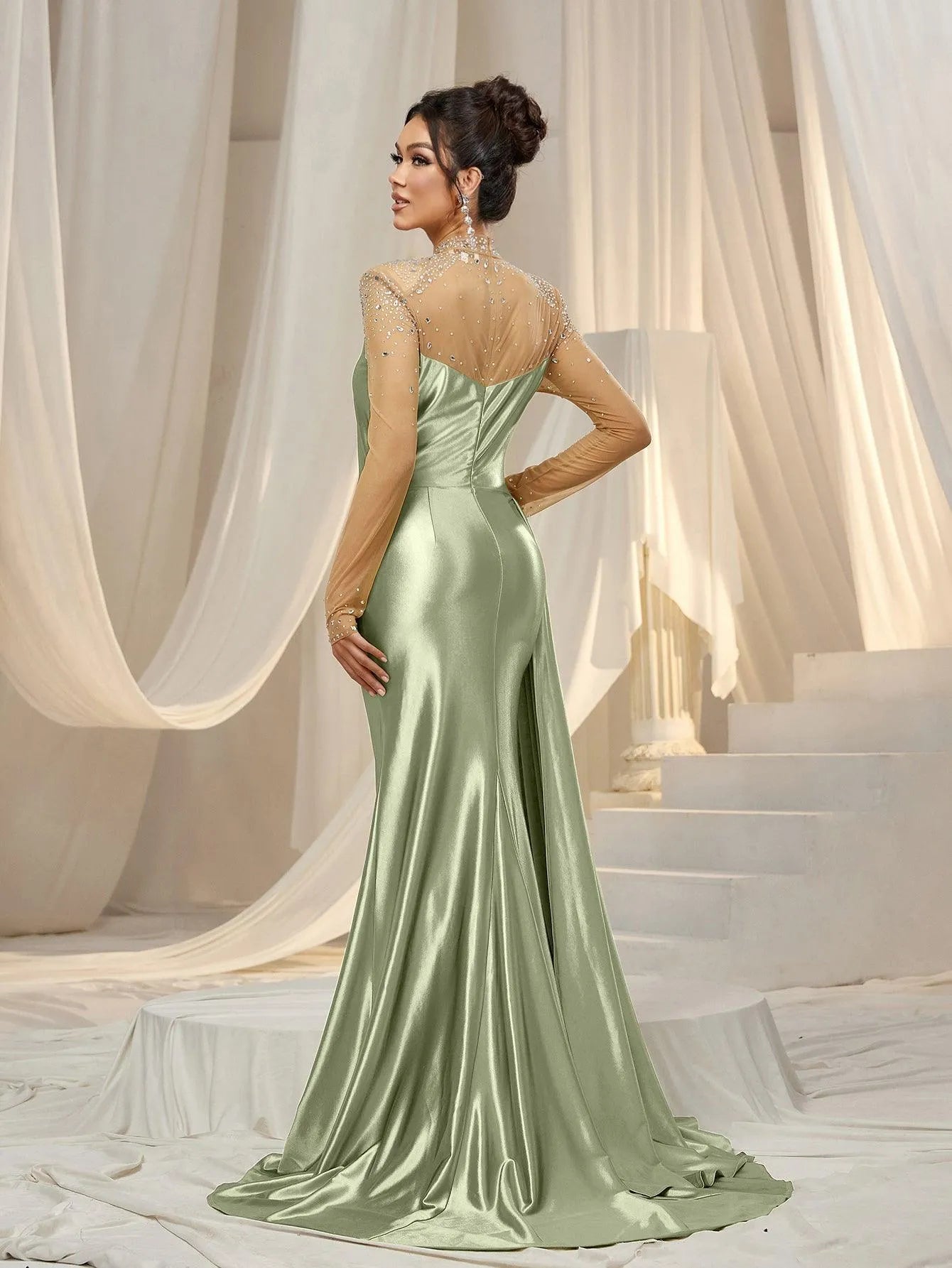 Rhinestone Detail Mock Neck Satin Mermaid Prom Dress