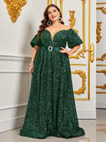 Plus Off Shoulder Puff Sleeves Sequin Formal Dress - Elonnashop