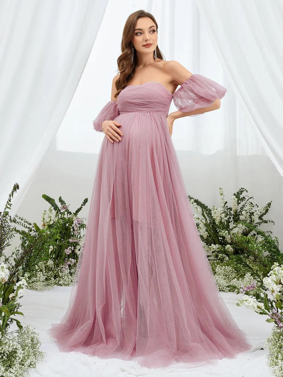 Maternity Off Shoulder Puff Sleeve Mesh Overlay Dress