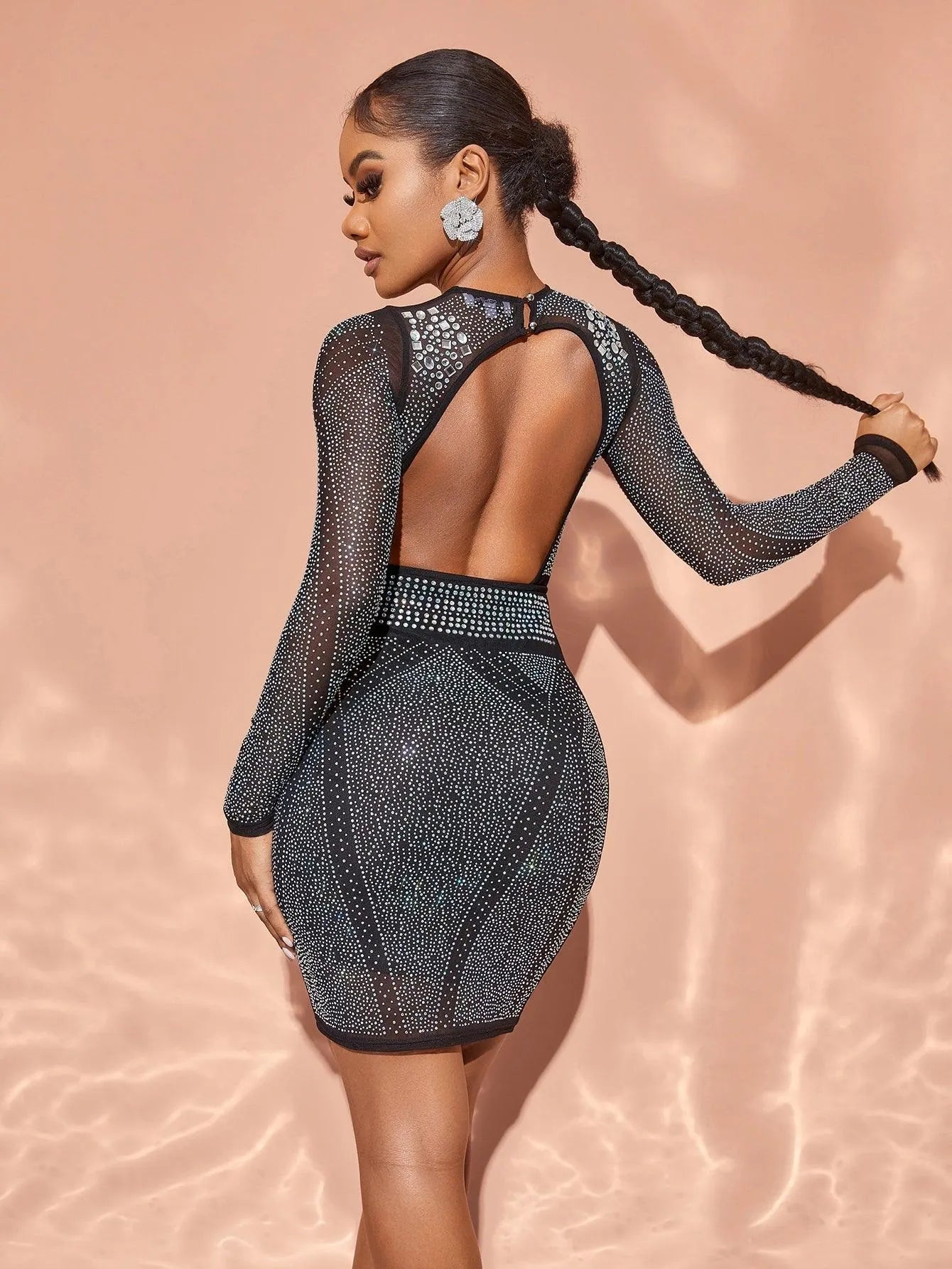 Chic Rhinestone Detail Backless Sheer Mesh Mini Dress