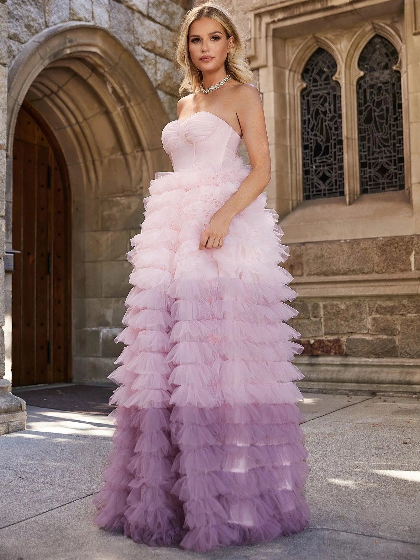 Ruched Bustier Ombre Layered Mesh Hem Wedding Dress - Elonnashop