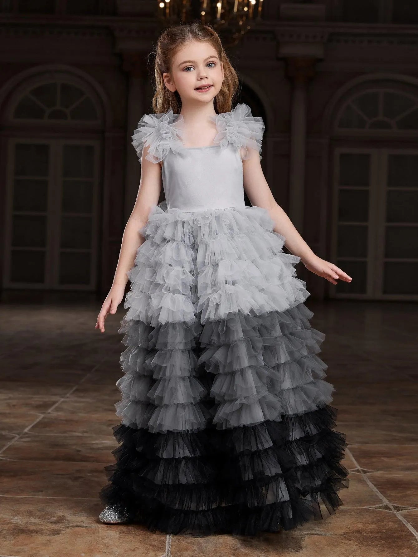 Tween Girls' Ruffle Trim Gradient Layered Hem Cake Dress - Elonnashop