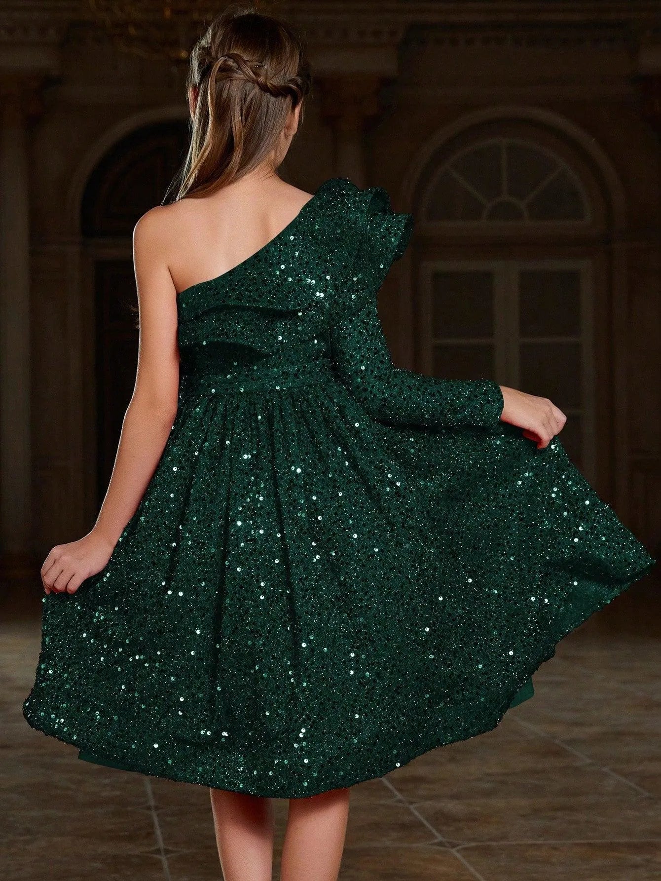Tween Girls' One Shoulder Layered Ruffle Trim Sequin Party Dress - Elonnashop