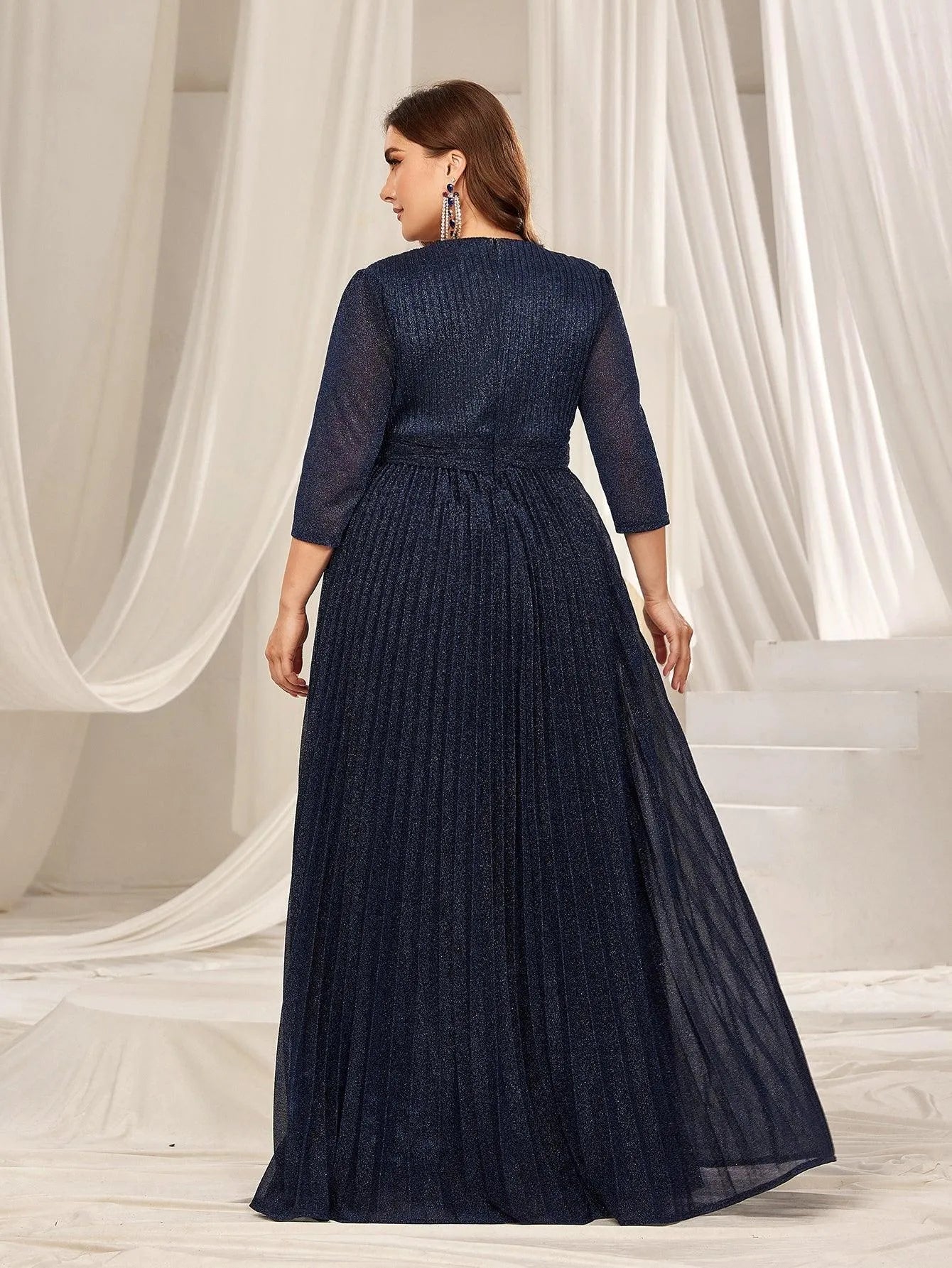 Plus Glitter 3/4 Sleeves Pleated A Line Evening Dress