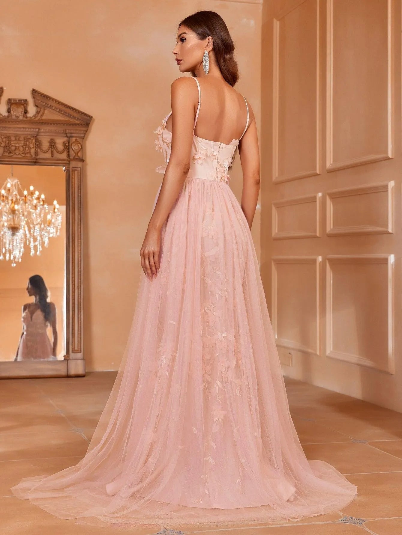 Floral-Accented Tulle Gown with Train