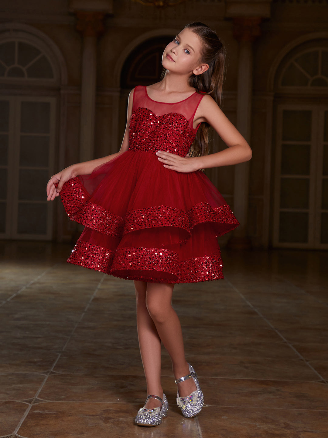 Girl's Mesh Layered Hem Contrast Sequin Party Dress