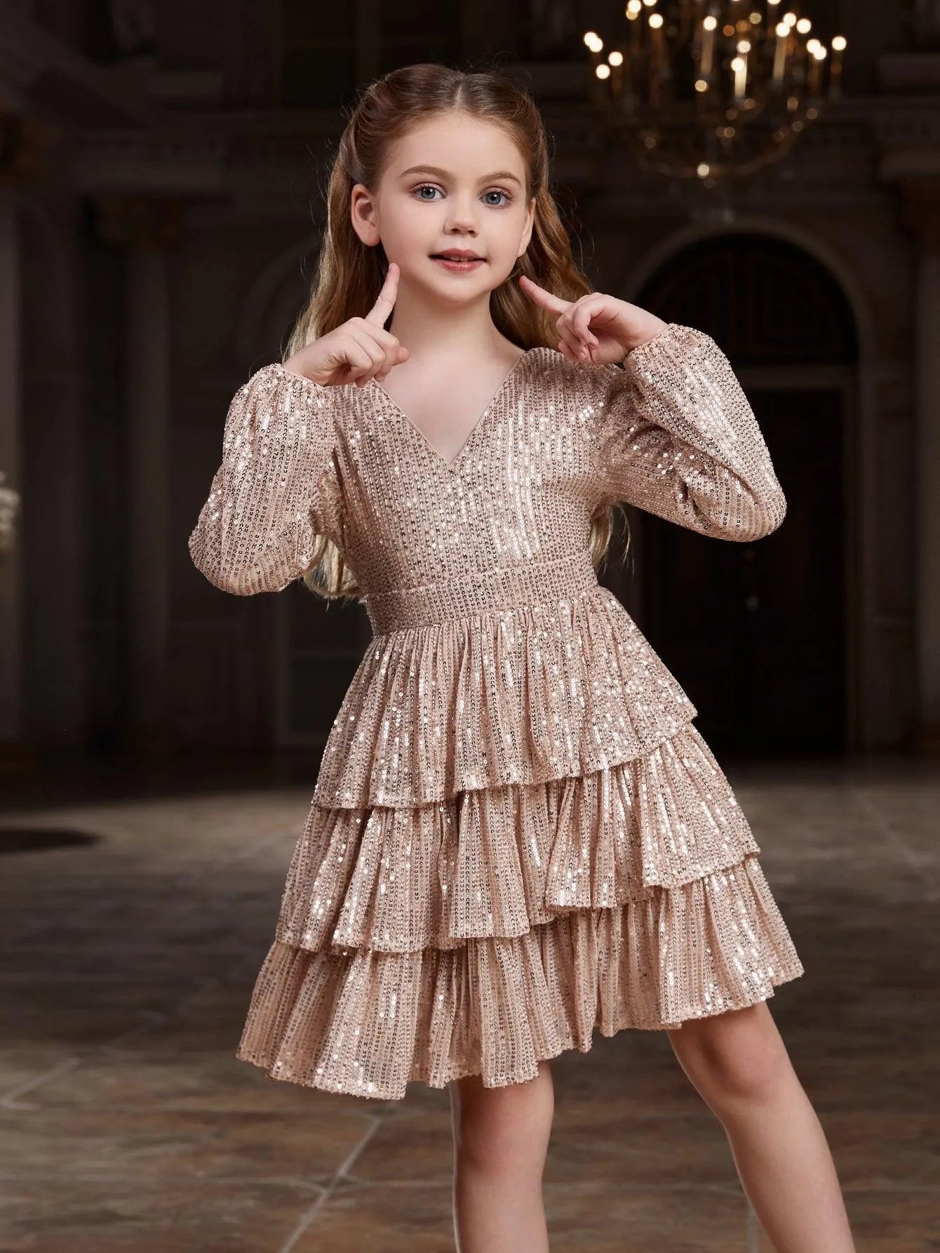 Tween Girls' Backless V Neck Layered Hem Sequin Party Dress