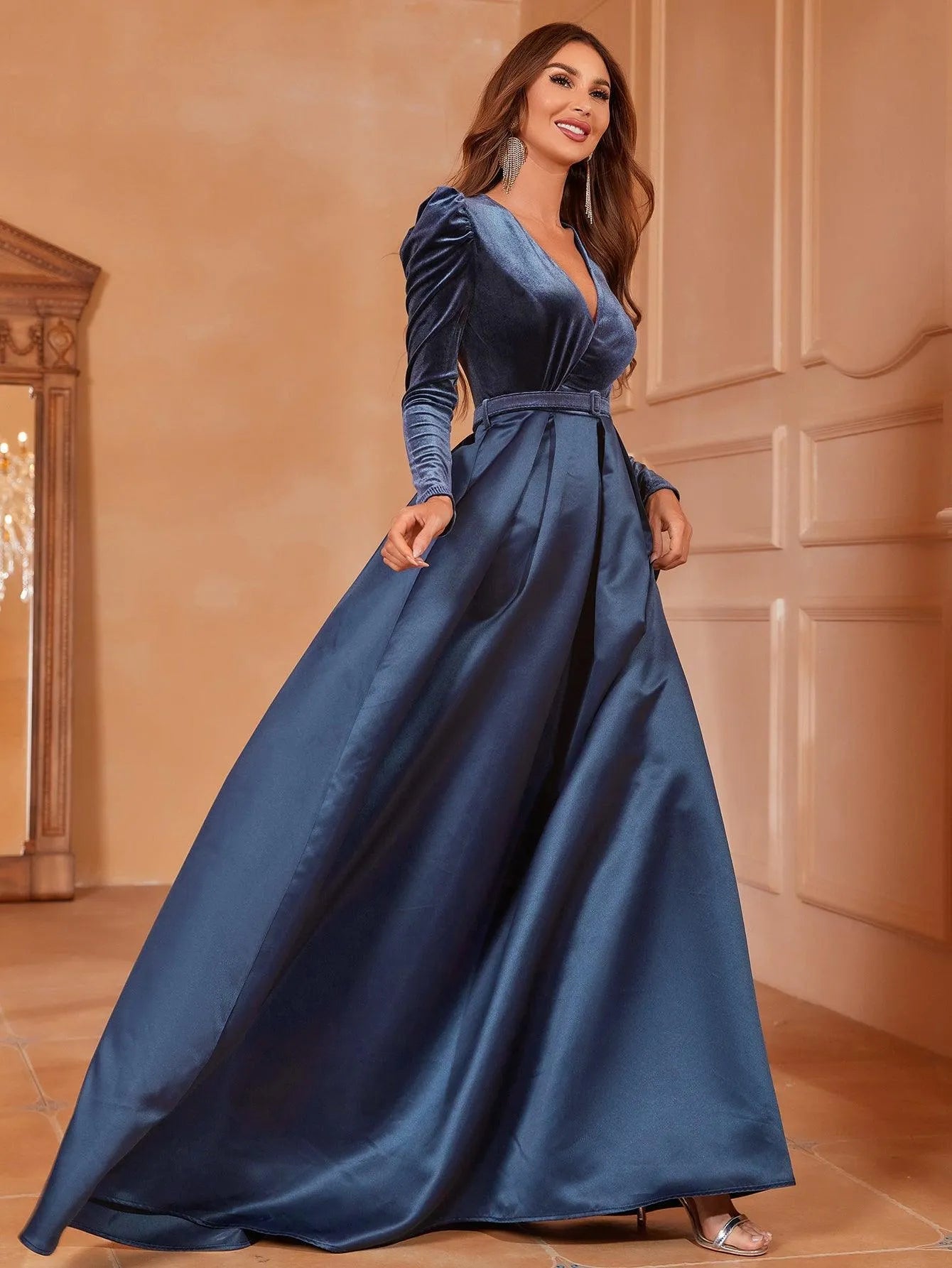 Surplice Neck Long Sleeves Belted Satin A Line Dress