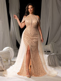 Plus Elegant Mesh Overlay Split Mermaid Hem Sequined Beaded Evening Dress