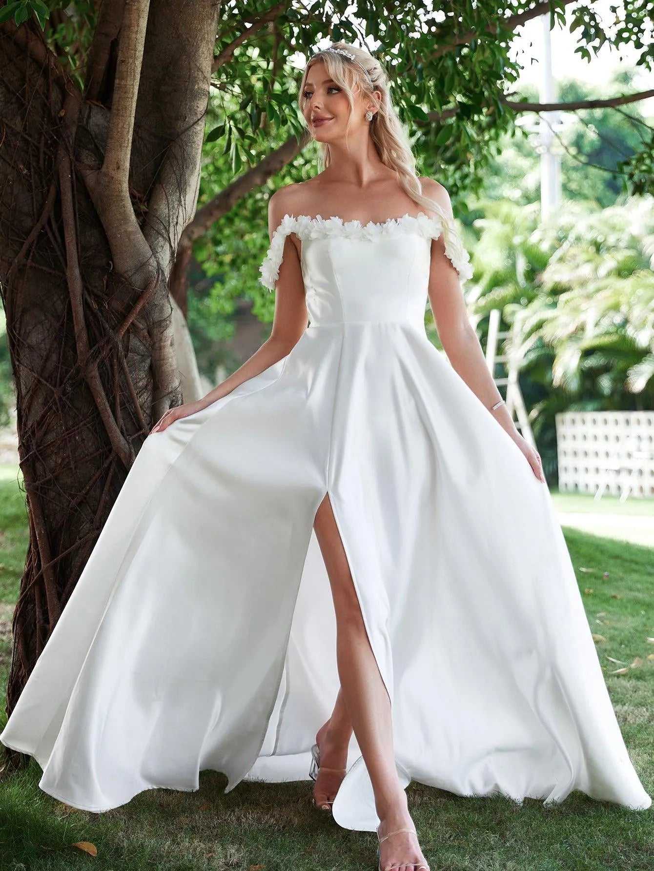 Off Shoulder Floral Applique Satin Wedding Dress