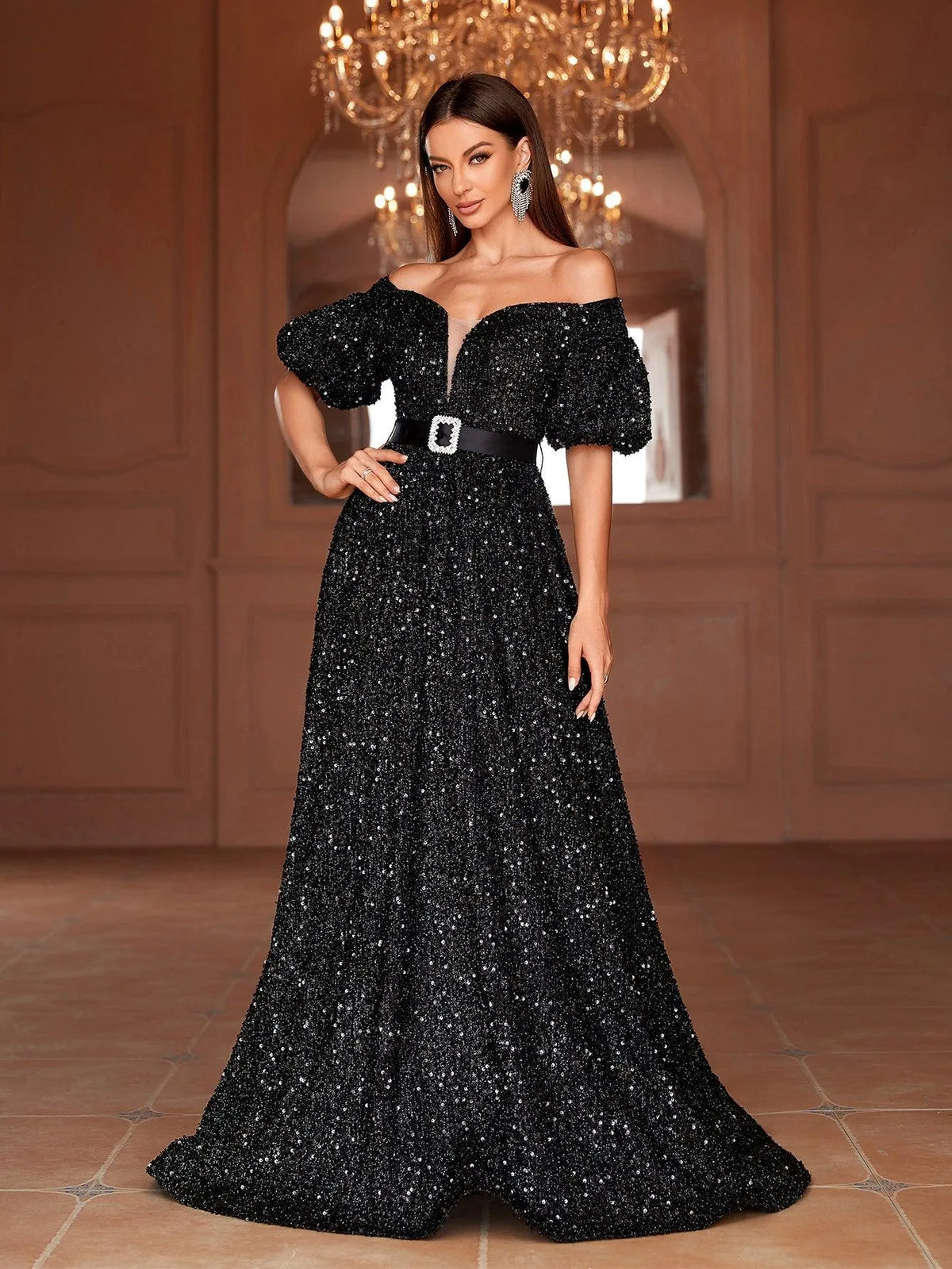 Off Shoulder Puff Sleeves Sequin A Line Dresses - Elonnashop