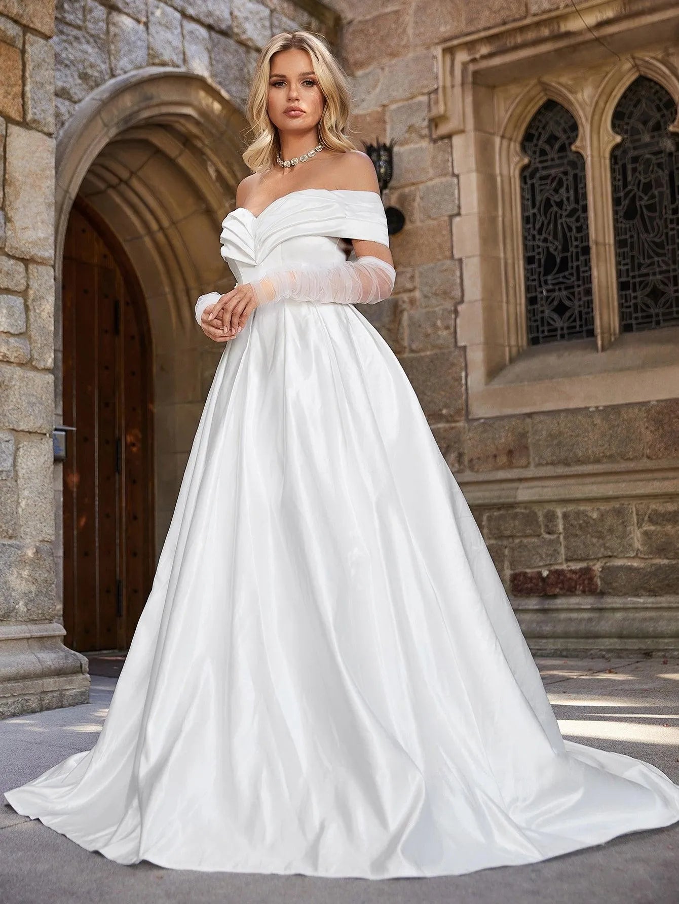 Off Shoulder Floor Length Satin Wedding Dress