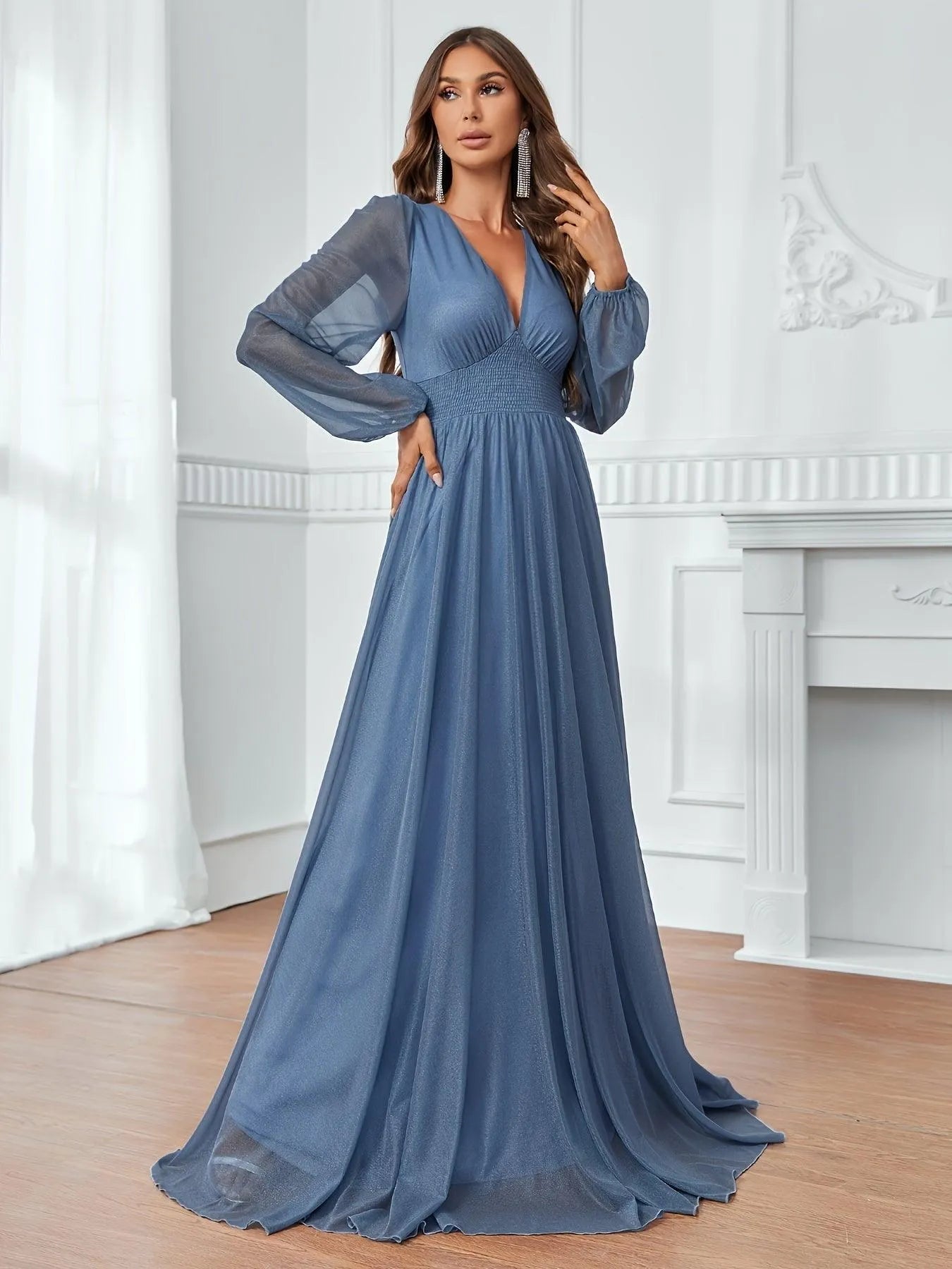 Elegant Shirred Waist Maxi A Line Dress