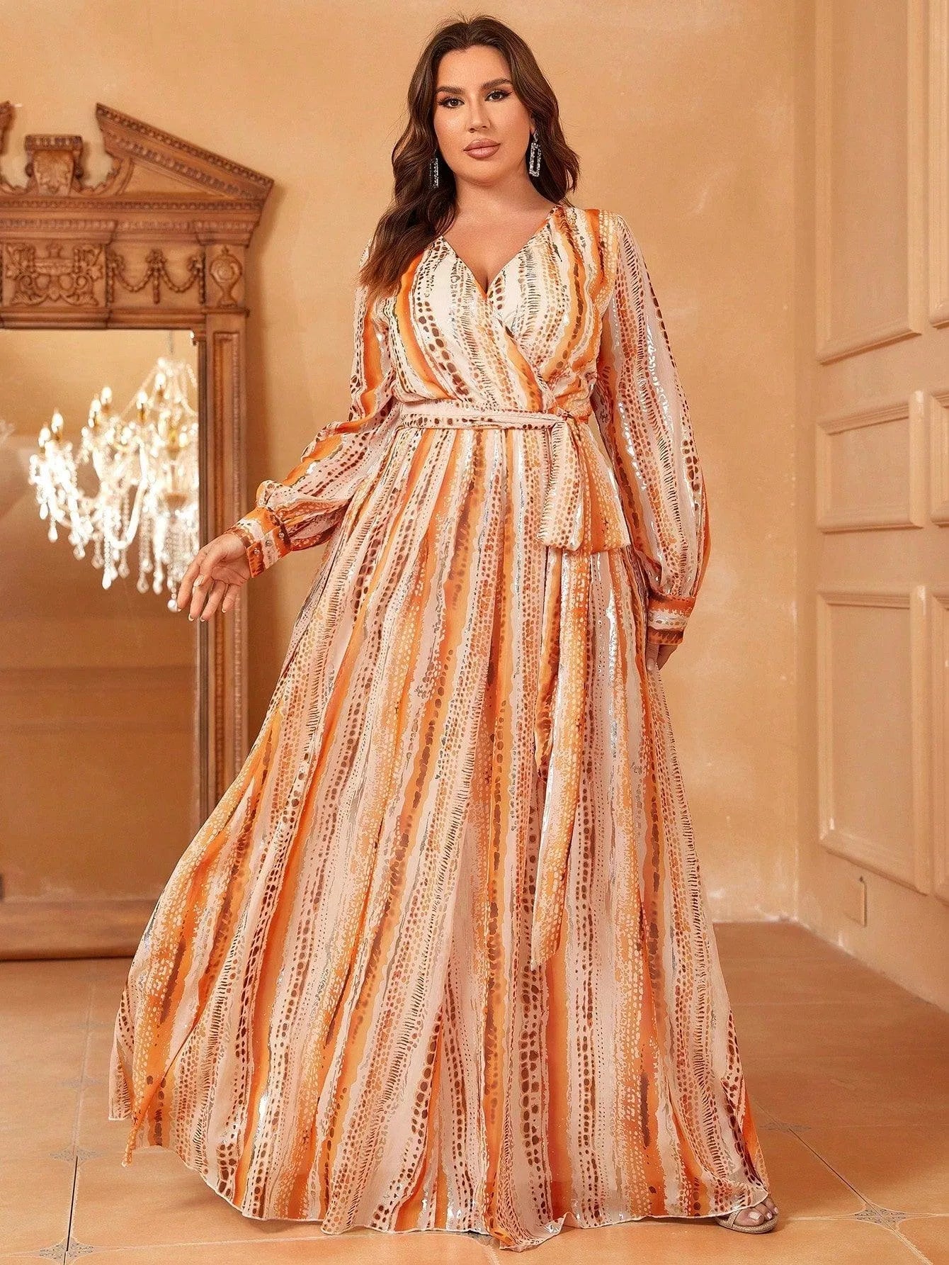 Plus V Neck Long Sleeve Chiffon Print Dress