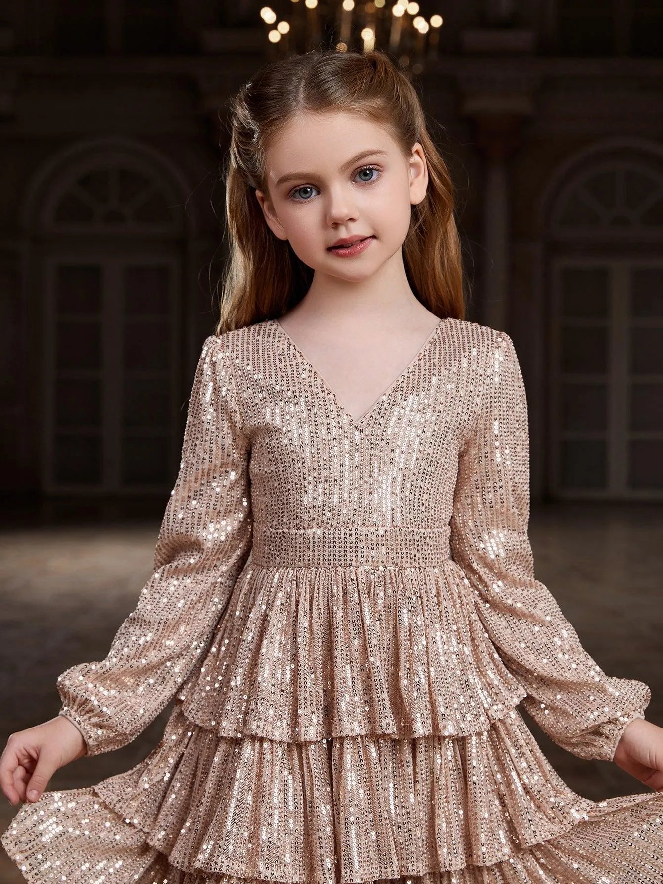 Tween Girls' Backless V Neck Layered Hem Sequin Party Dress