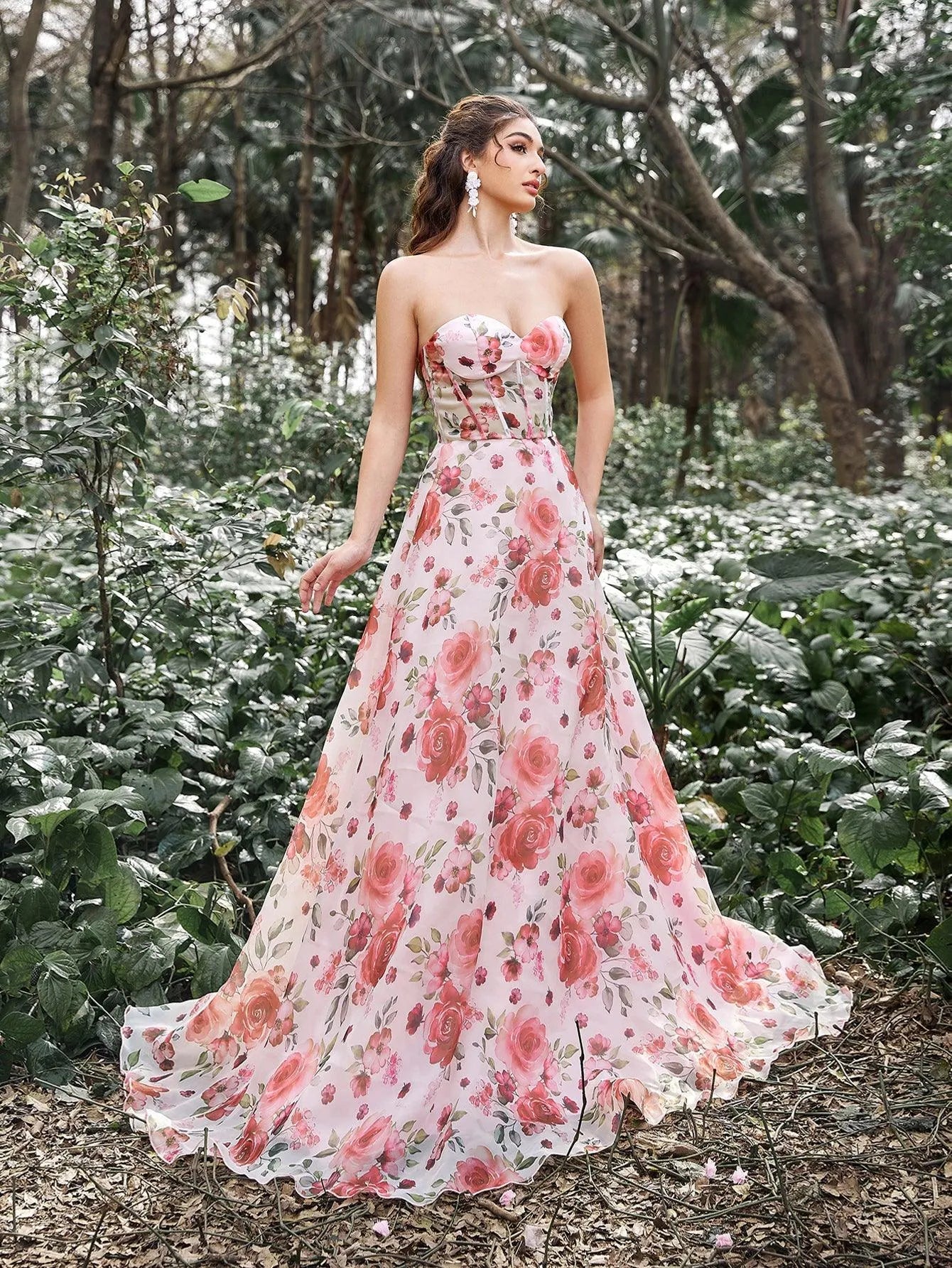 Elegant Lace UP Back Floral Printed Organza Prom Tube Dress