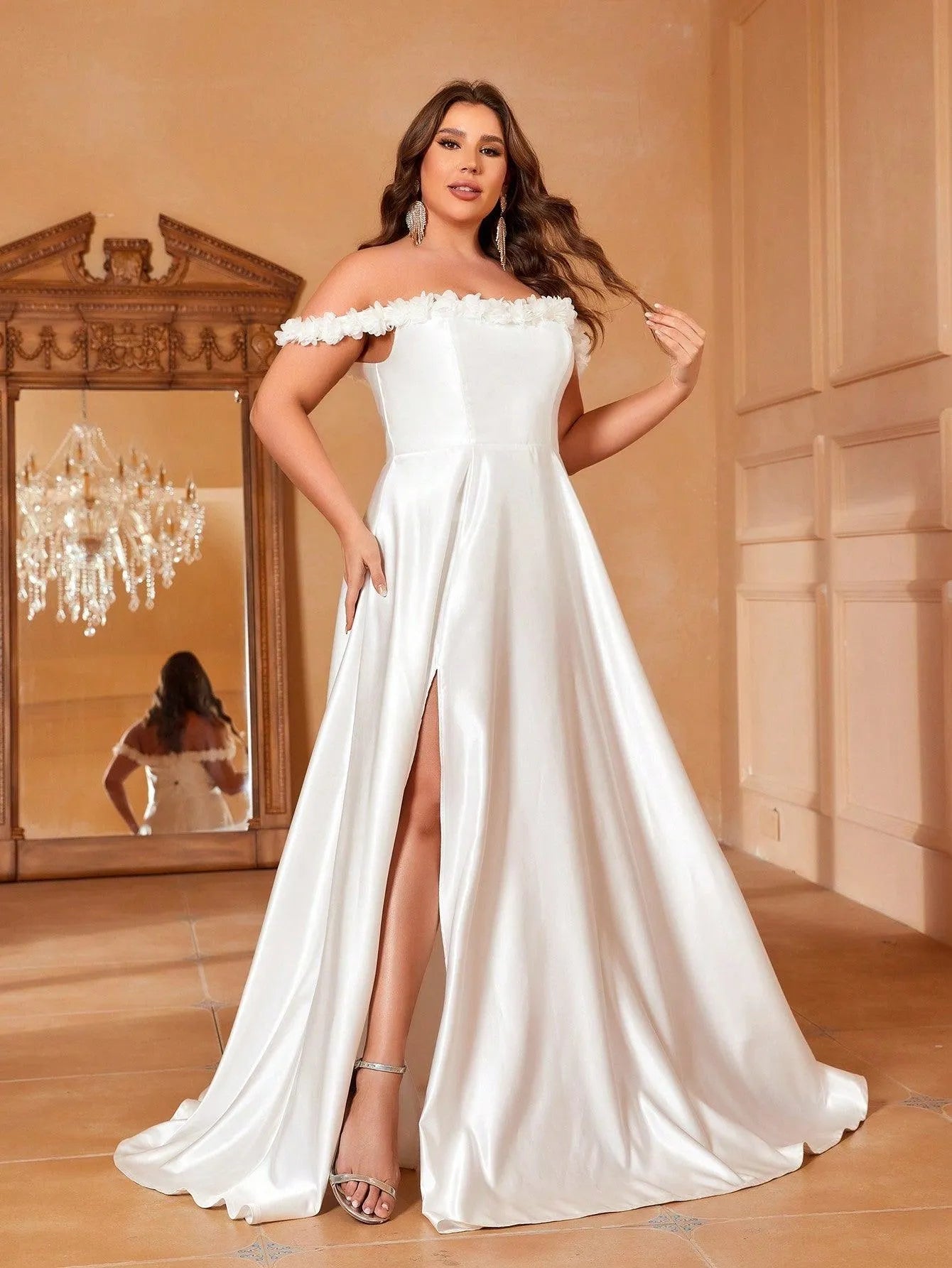 Plus Off Shoulder Floral Applique Satin Wedding Dress