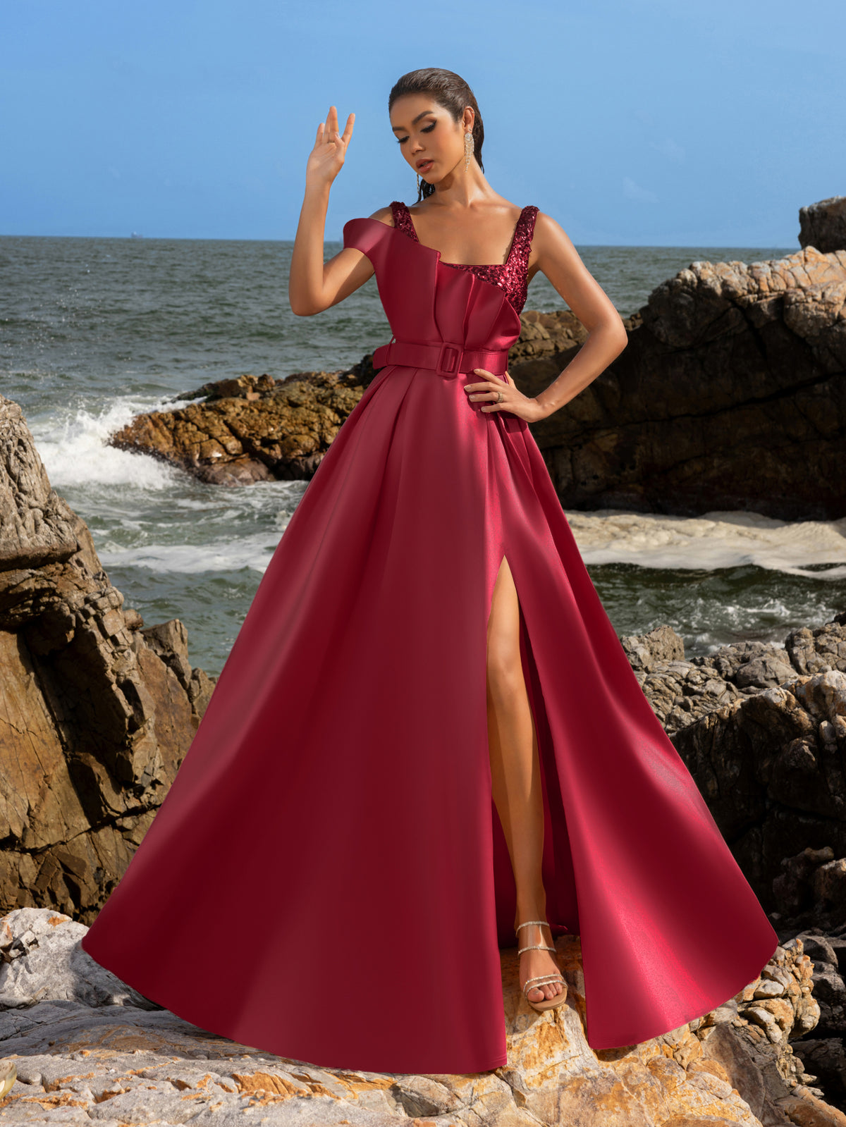Elegant Square Collar Buckle Belted Split Satin Prom Dress