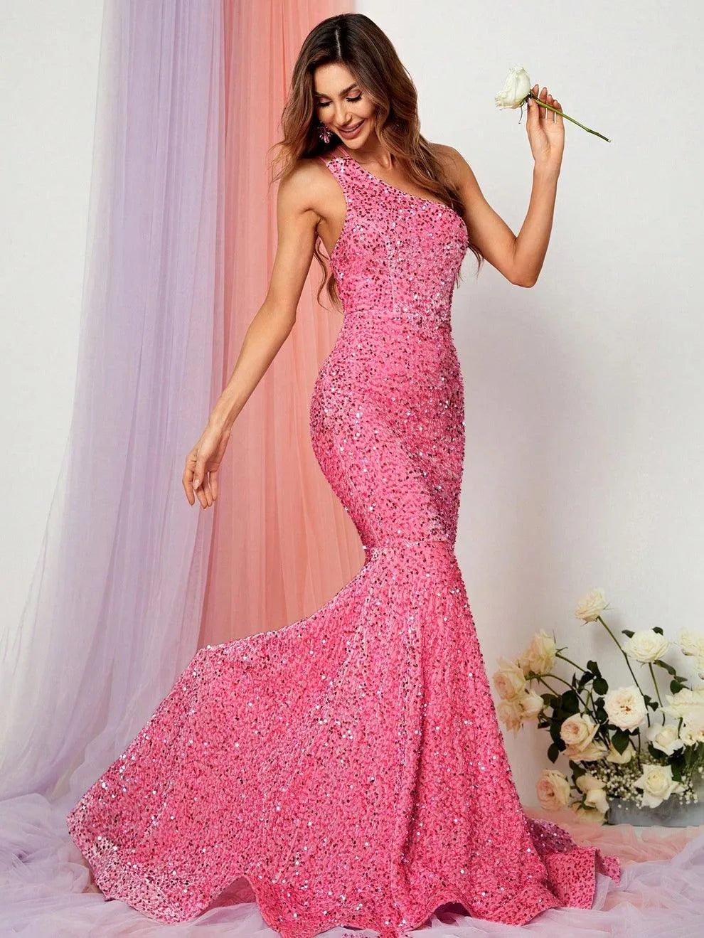 Elegant One Shoulder Sleeveless Sequin Mermaid Dresses - Elonnashop
