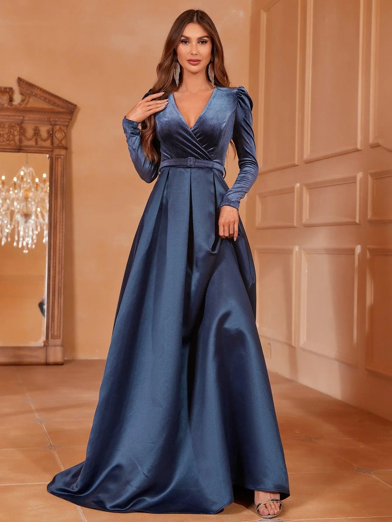 Surplice Neck Long Sleeves Belted Satin A Line Dress