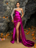 Elegant One-Shoulder Satin Mermaid Gown with Sheer Tulle Beads, Rhinestones & High Slit
