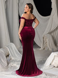 Plus Off-Shoulder Mermaid Gown with Sequined Velvet, High Slit & Floor-Length Train