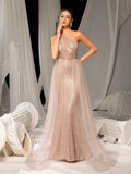 Elegant One Shoulder Sleeveless Mesh Overlay Sequin Formal Prom Dress Evening Dress