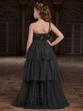 Tween Girls' One Shoulder Sleeveless Contrast Mesh Sequin Dress