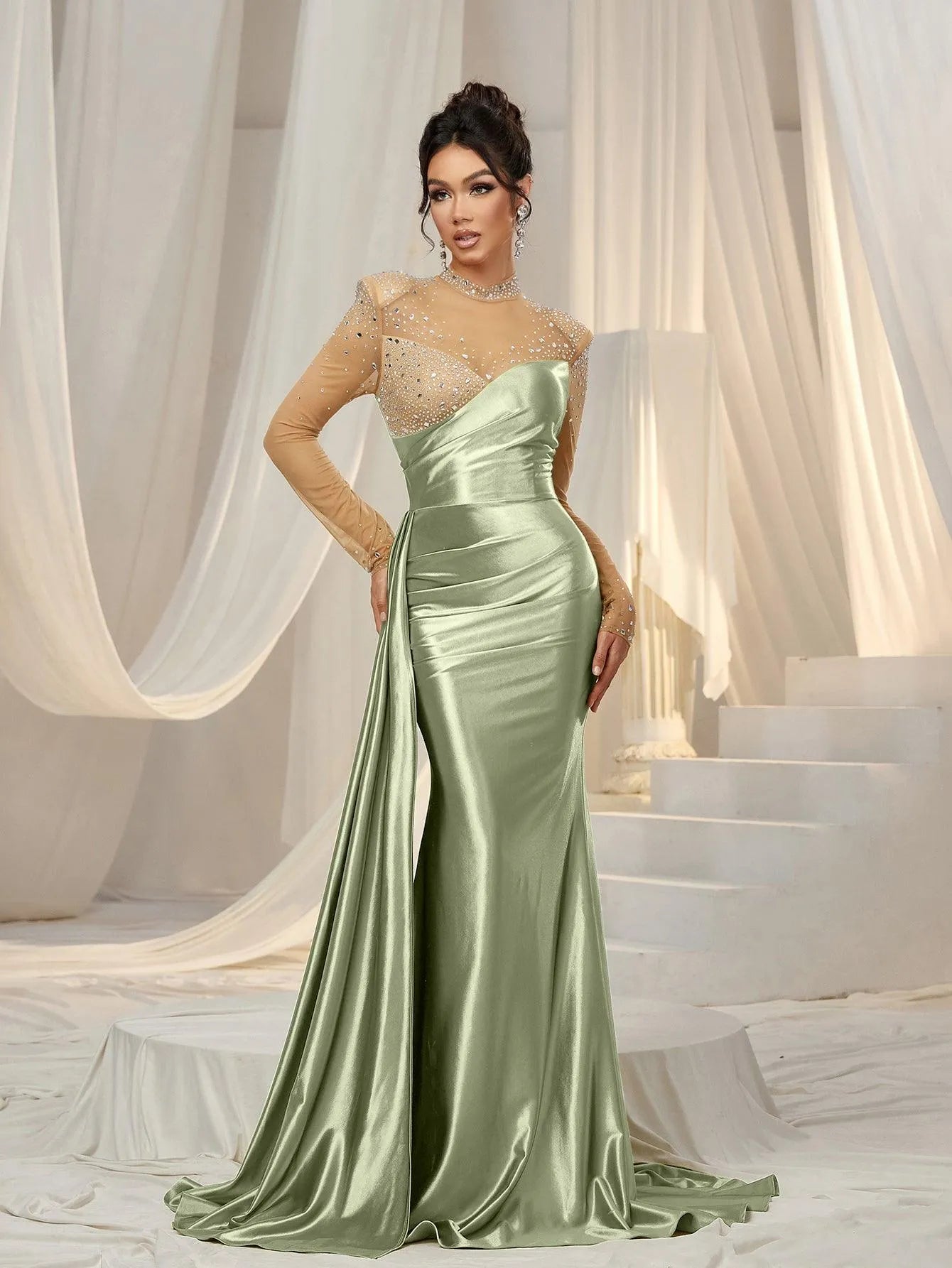 Rhinestone Detail Mock Neck Satin Mermaid Prom Dress