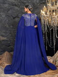 Elegant Chiffon Evening Gown with Beaded Sequin Embellished Bodice, Cape-Style Sleeves & Flowy Floor-Length Skirt, Back Beaded Detail