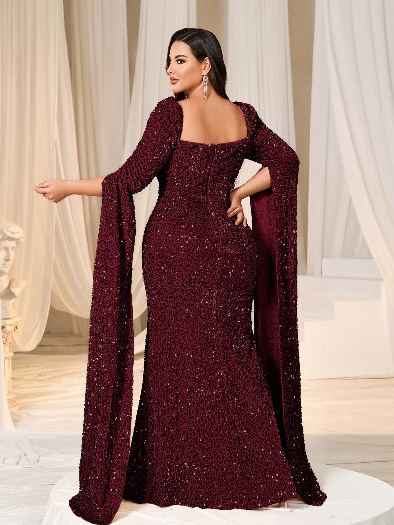 Plus Sweetheart Neck Extra-Long Sleeves Sequin Evening Dress