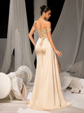 Elegant Off-Shoulder Gown with High Slit & Beaded Bodice – Luxury Satin Evening Wear for Red Carpet, Formal Galas & Luxury Weddings, XS-XL