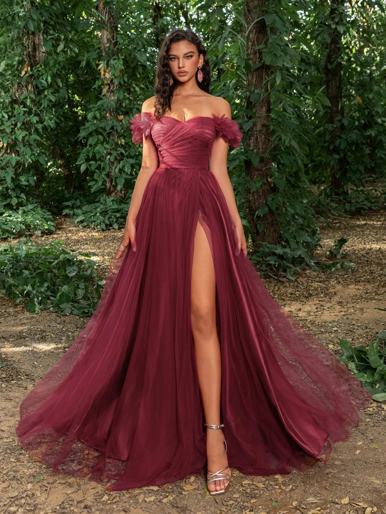 Elegant Off Shoulder Ruched Bust Split Thigh Tulle Prom Dress