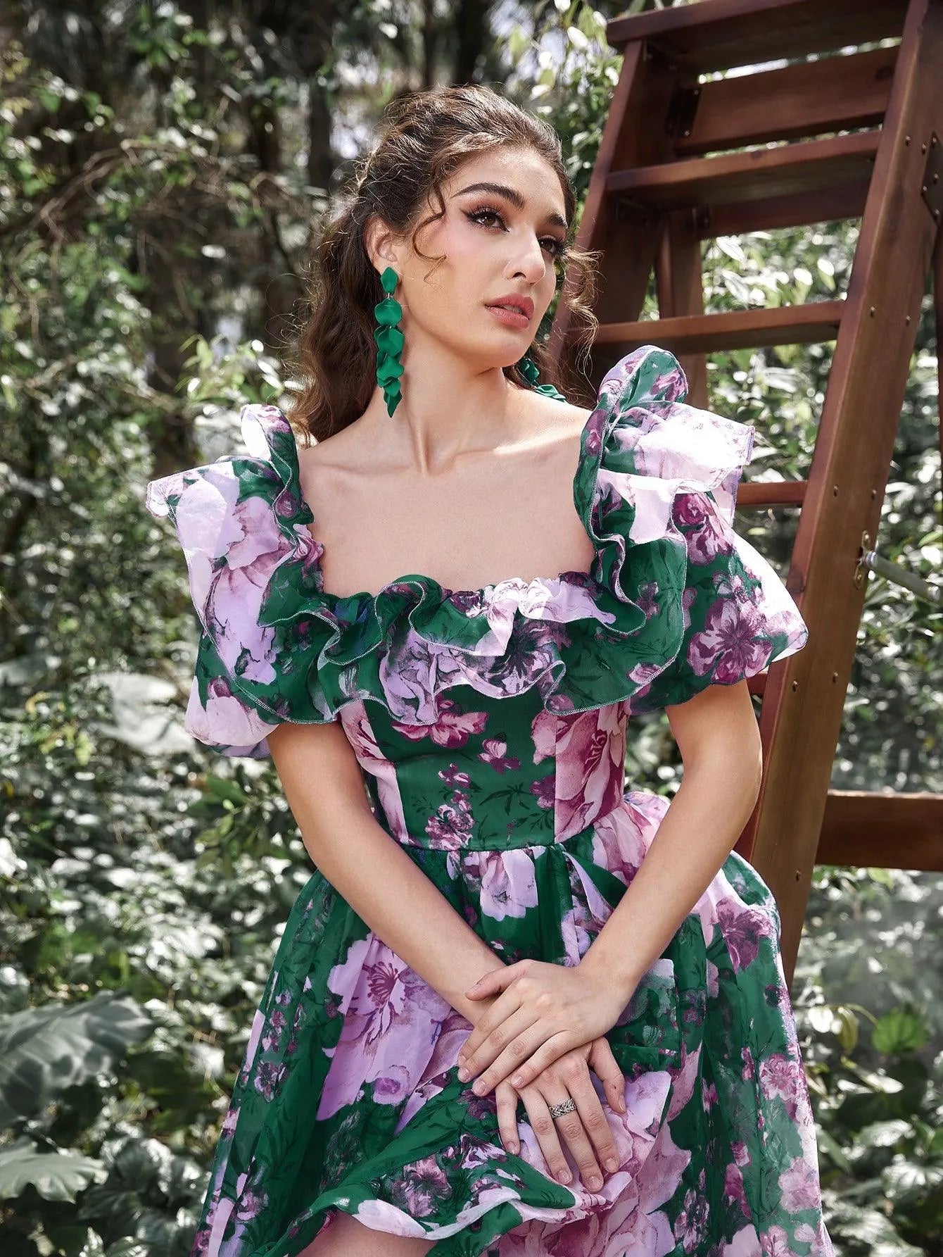 Elegant Ruffle Trim Off Shoulder Floral Organza Prom Dress