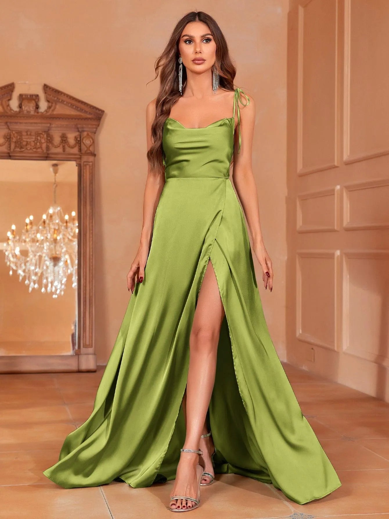 Elegant Tie Shoulder Satin Bridesmaid Dress