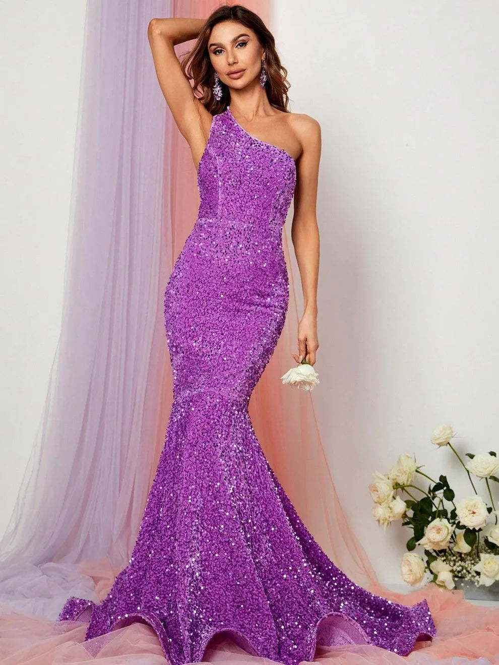 Elegant One Shoulder Sleeveless Sequin Mermaid Dresses - Elonnashop