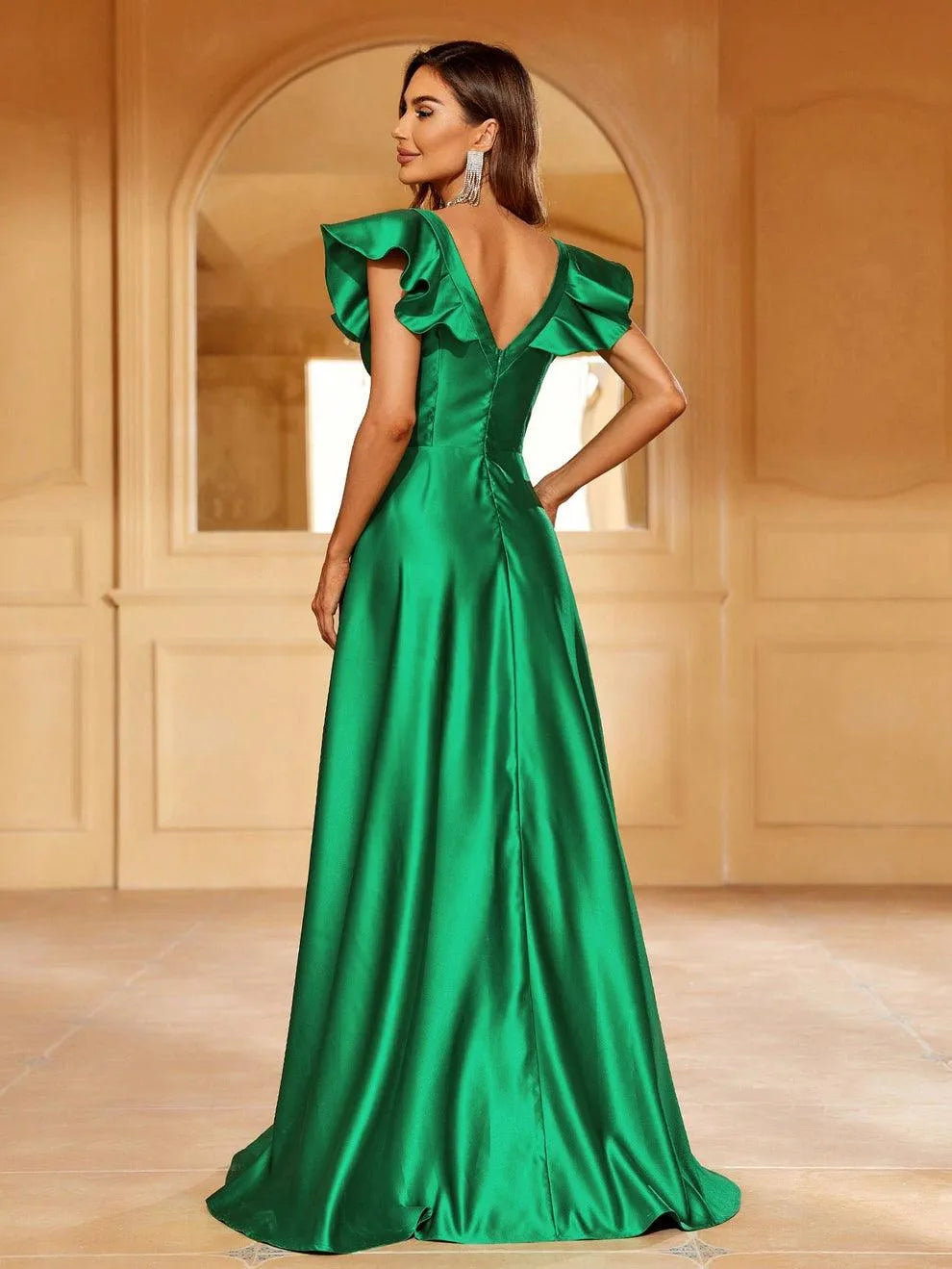 Elegant Ruffle Trim Plunging Neck Satin Formal Dress