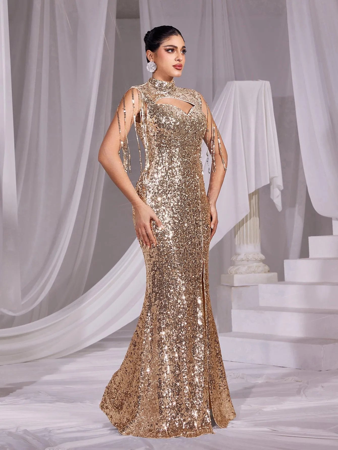 Sequin Mock Neck Mermaid Hem Evening Dress