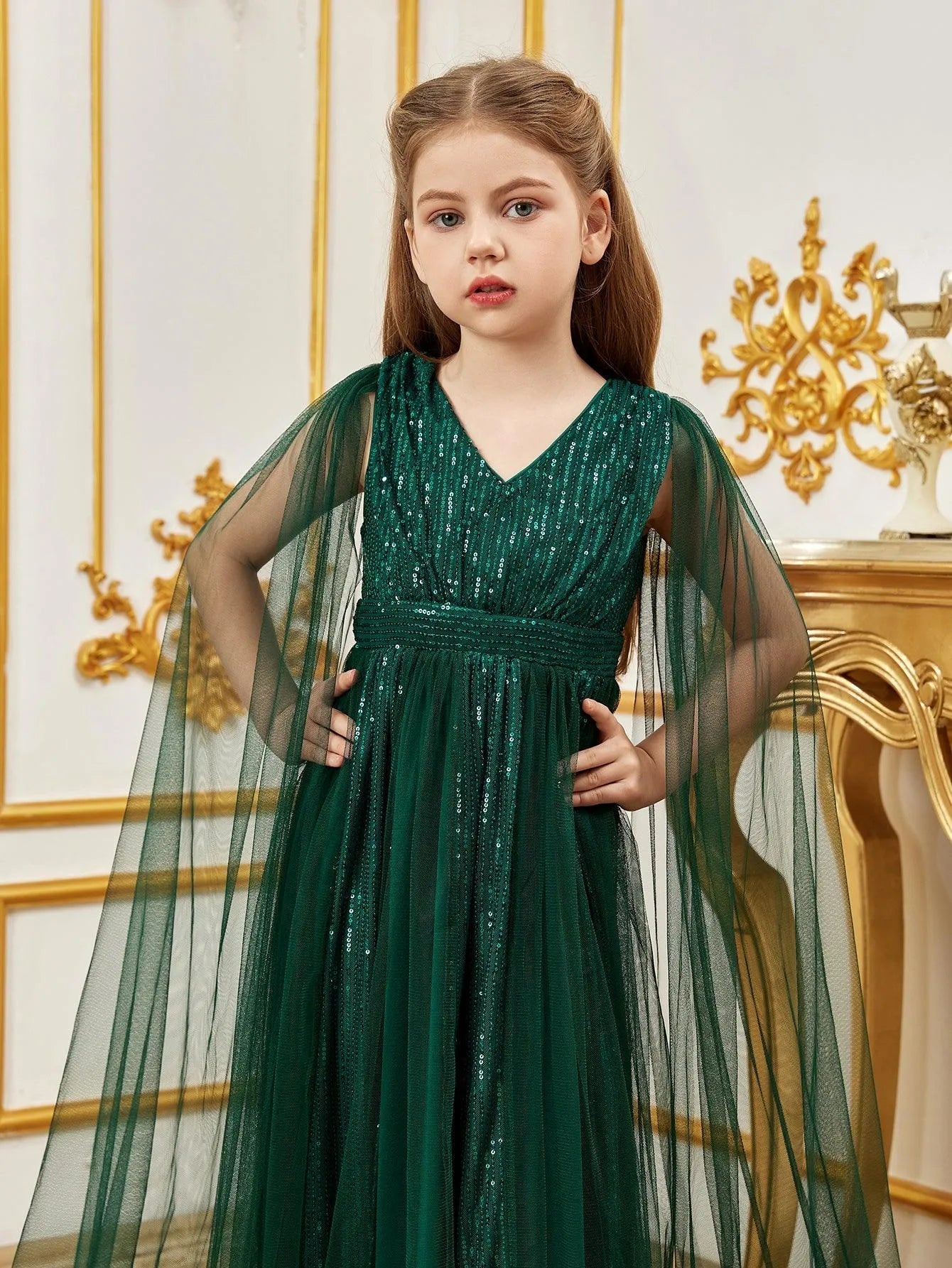 Tween Girls' Contrast Mesh Cape Sleeves Sequin Party Dress