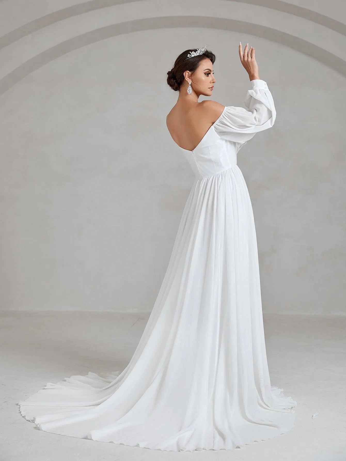 Off Shoulder Lantern Sleeve Chiffon Wedding Dress