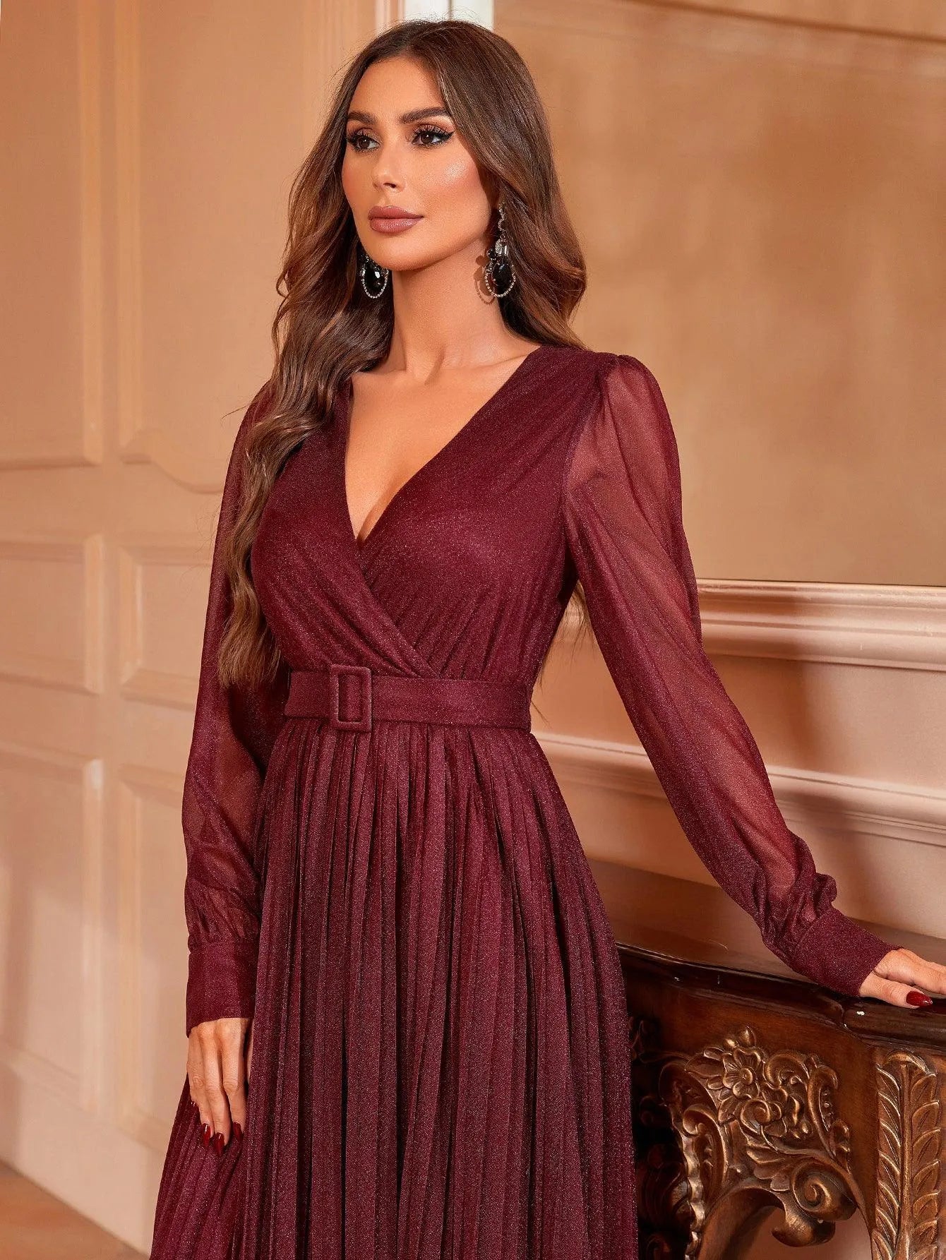 Surplice Neck Buckle Belted Pleated Dress